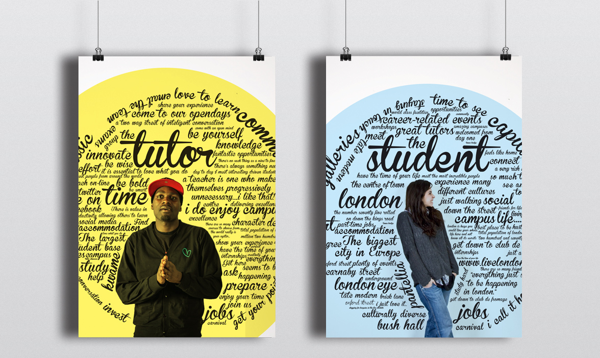 Two hanging posters featuring case studies
